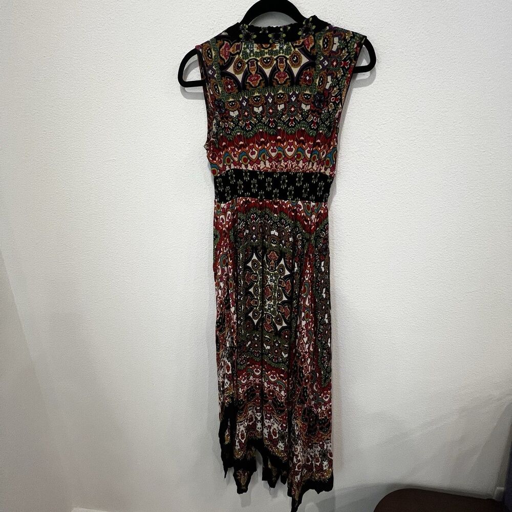 Bila Maxi Dress Sz S V-Neck Geometric Print Boho Gypsy Hanky Hem Asymmetrical - Picture 5 of 8